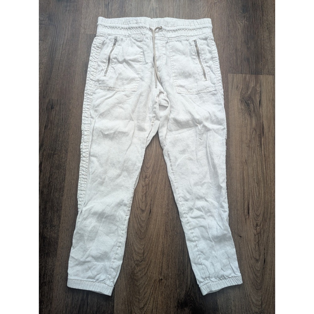Athleta‎ Cabo Linen Jogger Pants Womens 10 White Pullon Draw String Zip Pockets